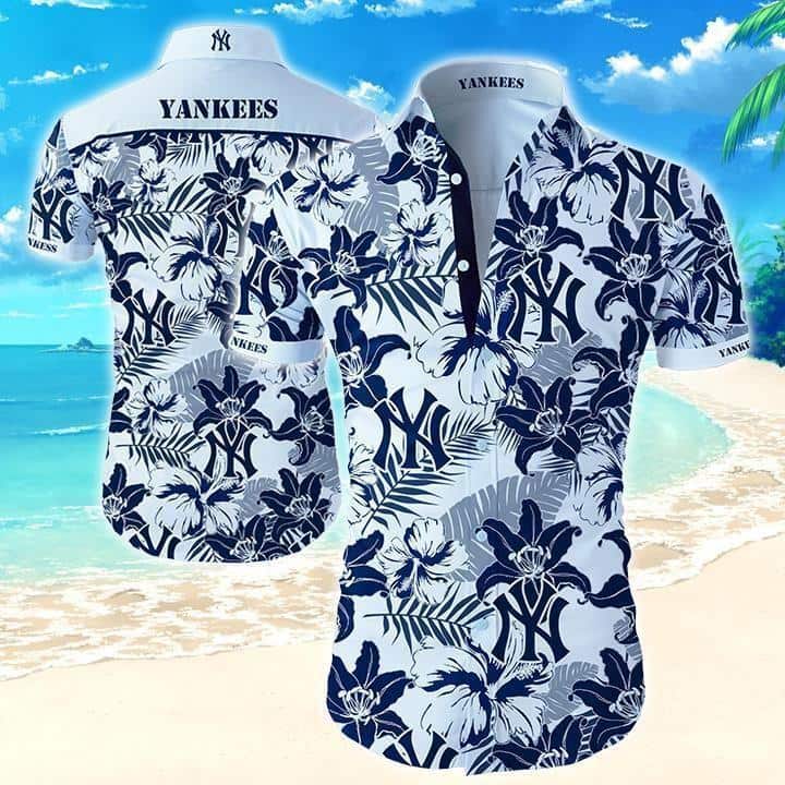 New York Yankees Hawaiian Shirt Tropical Flower Pattern Summer Beach Gift New York Yankees Hawaiian Shirt Tropical Flower Pattern Summer Beach Gift