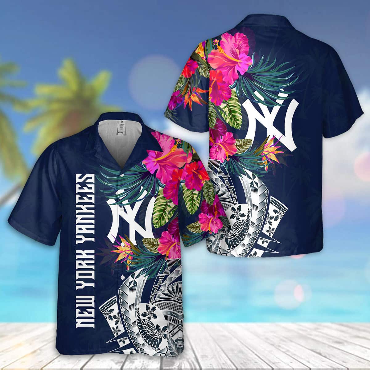 New York Yankees Hawaiian Shirt Tribal Tropical Flower Pattern New York Yankees Hawaiian Shirt Tribal Tropical Flower Pattern