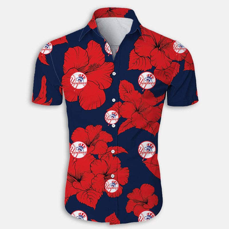 New York Yankees Hawaiian Shirt Hibiscus Flower Pattern