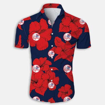 New York Yankees Hawaiian Shirt Hibiscus Flower Pattern New York Yankees Hawaiian Shirt Hibiscus Flower Pattern