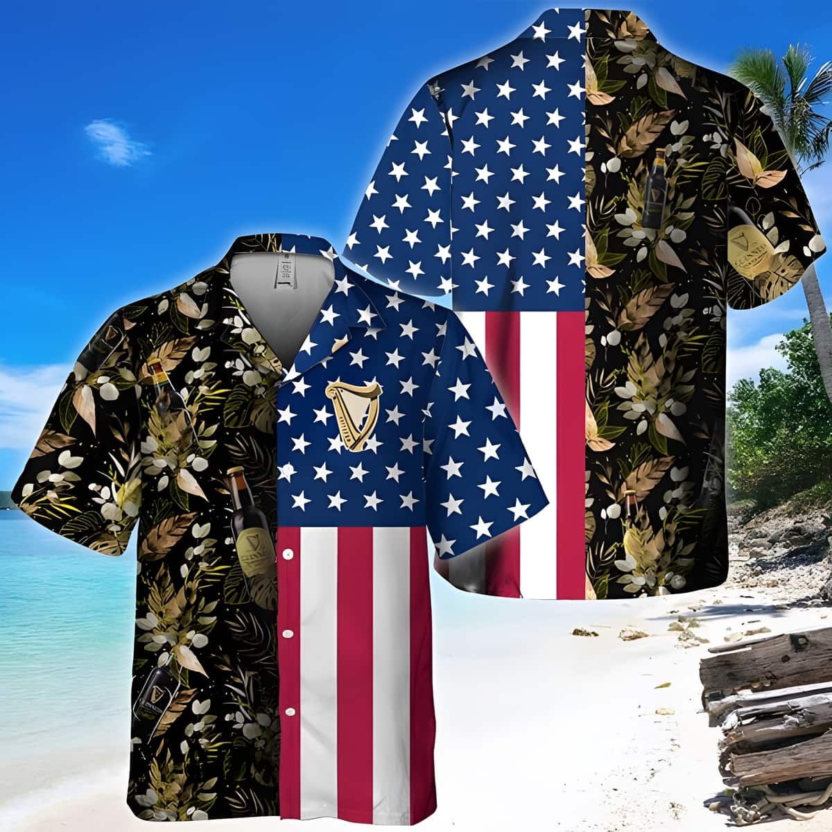 Guinness Beer Hawaiian Shirt US Flag Tropical Flowers Independence Day Guinness Beer Hawaiian Shirt US Flag Tropical Flowers Independence Day