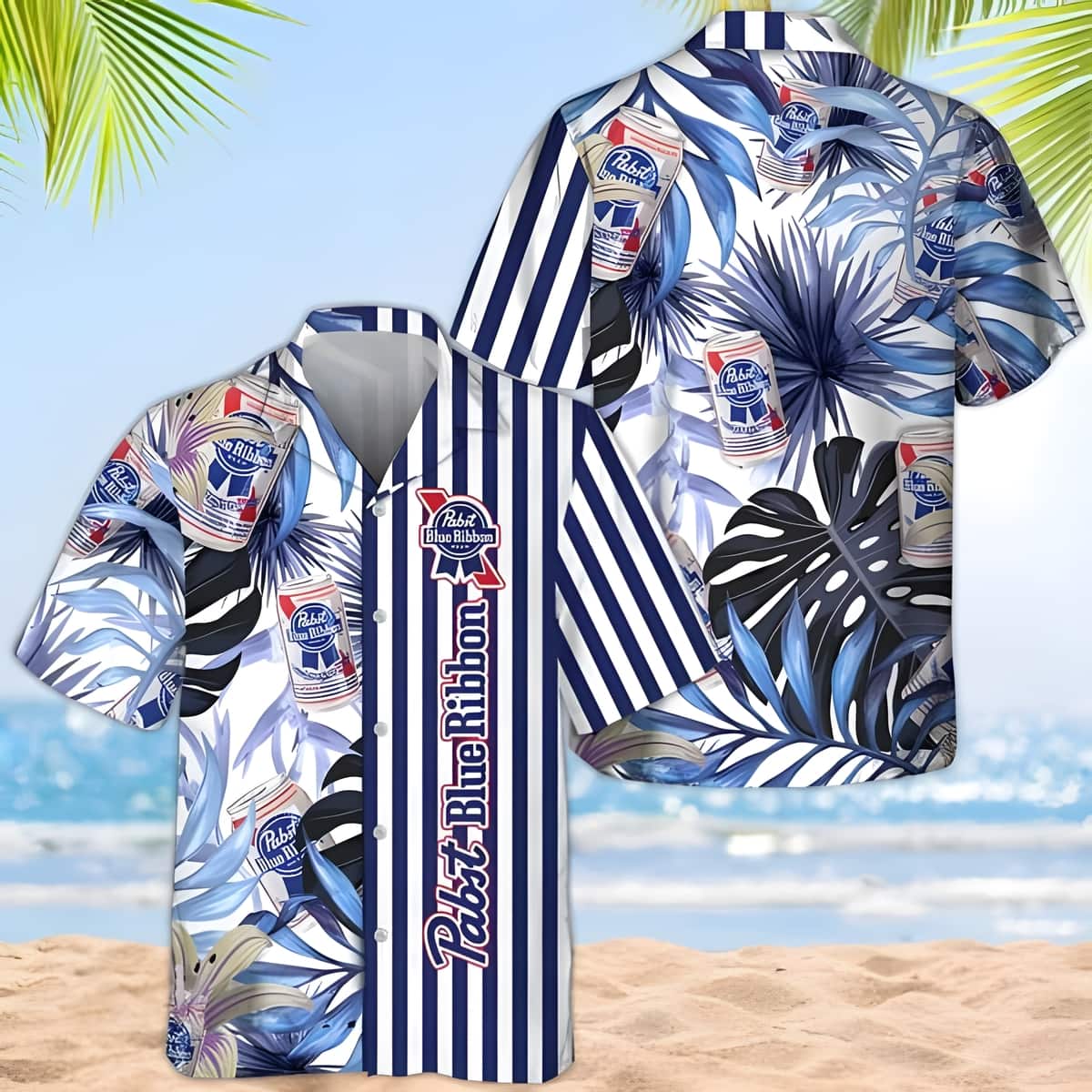 Pabst Blue Ribbon Hawaiian Shirt Tropical Plant Leaf Pabst Blue Ribbon Hawaiian Shirt Tropical Plant Leaf