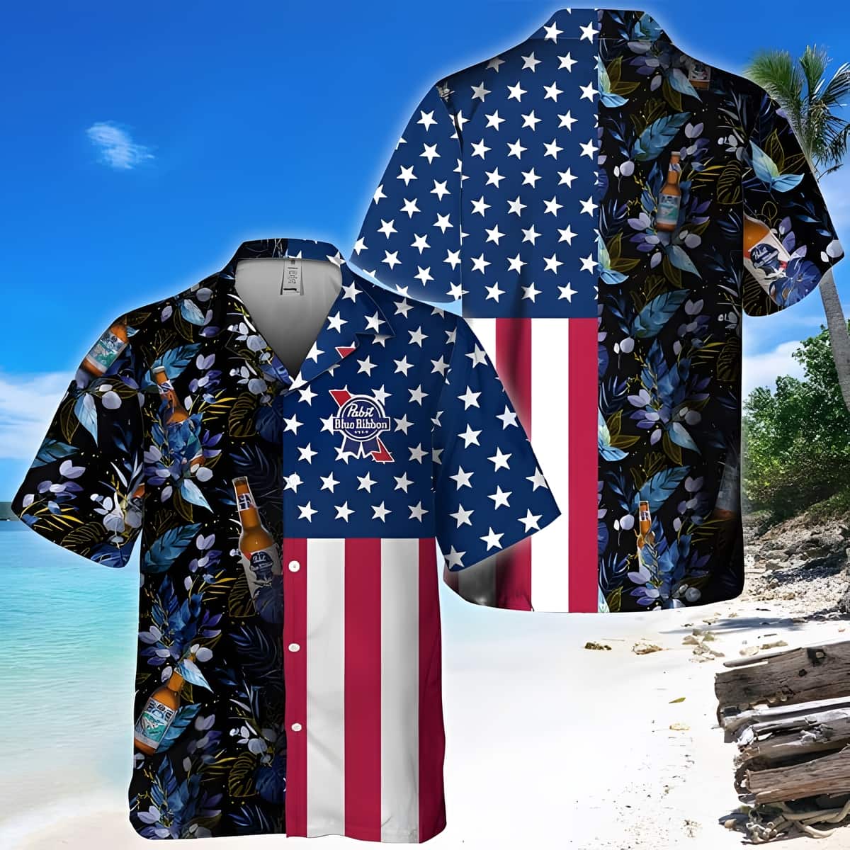 Pabst Blue Ribbon Beer Hawaiian Shirt US Flag Tropical Flowers Pabst Blue Ribbon Beer Hawaiian Shirt US Flag Tropical Flowers