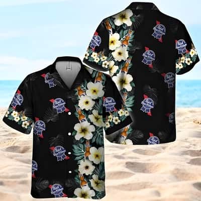 Black Pabst Blue Ribbon Beer Hawaiian Shirt Hibiscus Flower Pattern Black Pabst Blue Ribbon Beer Hawaiian Shirt Hibiscus Flower Pattern