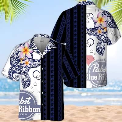 Pabst Blue Ribbon Hawaiian Shirt Polynesian Blend Ocean Turtle