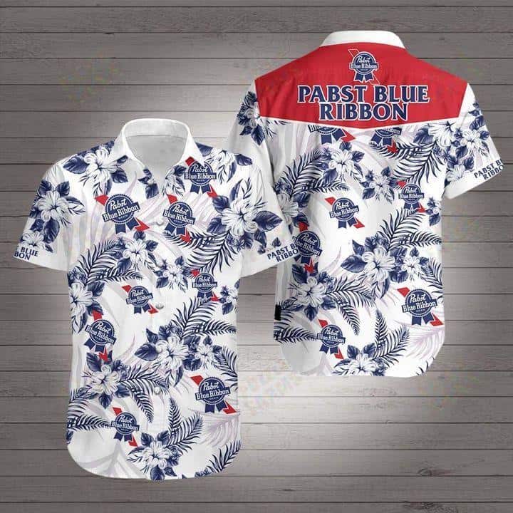 White Aloha Pabst Blue Ribbon Hawaiian Shirt Tropical Flower Pattern White Aloha Pabst Blue Ribbon Hawaiian Shirt Tropical Flower Pattern