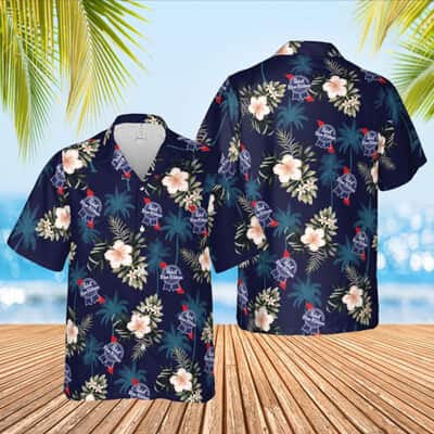 Pabst Blue Ribbon Beer Hawaiian Shirt Hibiscus Flower Palm Trees Pattern