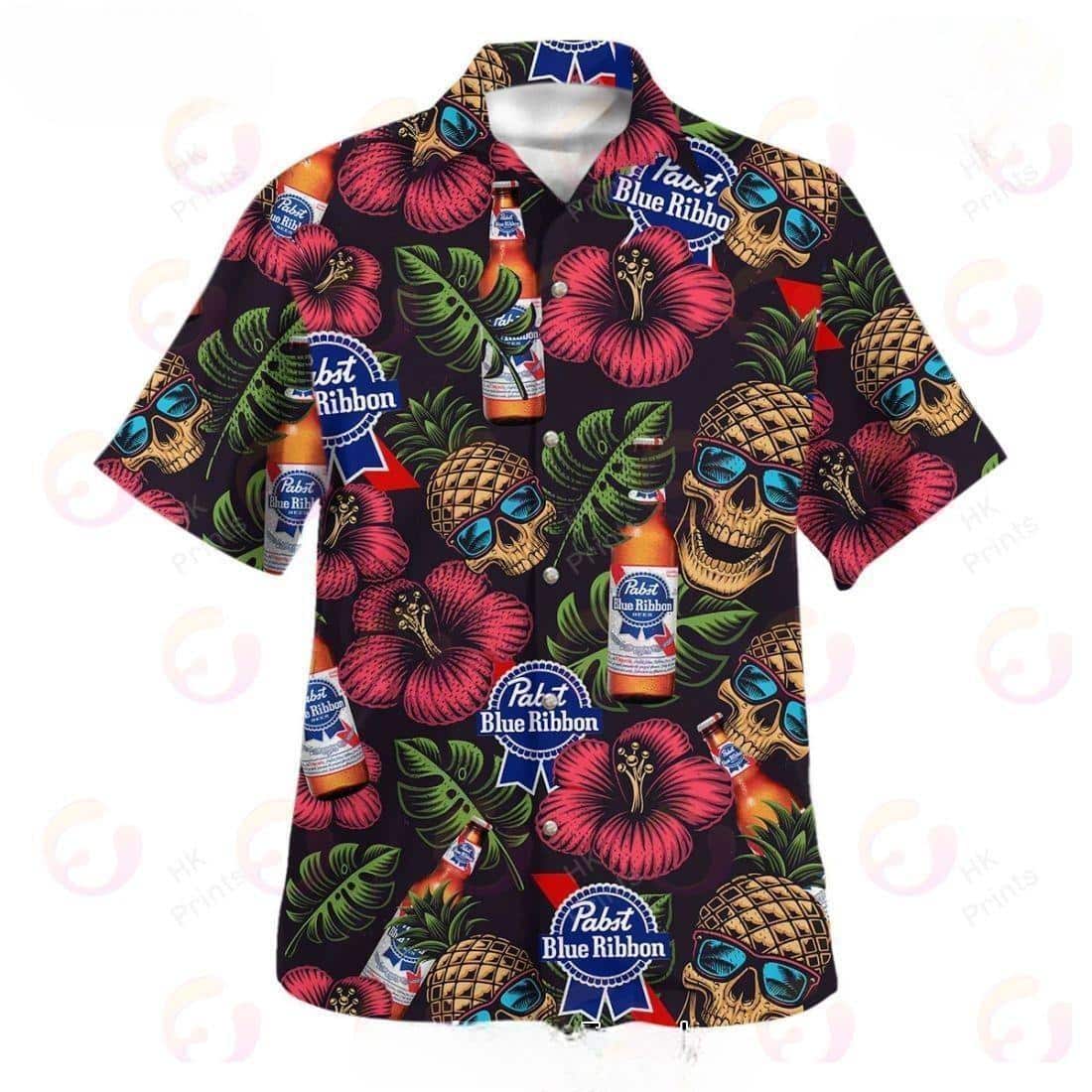 Skull Pineapple Hibiscus Flower Palm Leaves Pabst Blue Ribbon Beer Hawaiian Shirt Skull Pineapple Hibiscus Flower Palm Leaves Pabst Blue Ribbon Beer Hawaiian Shirt