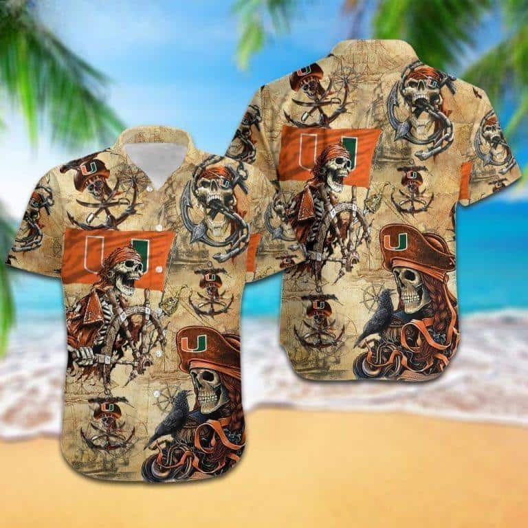 Miami Hurricanes Hawaiian Shirt Pirates Skull Gift For Football Players Miami Hurricanes Hawaiian Shirt Pirates Skull Gift For Football Players