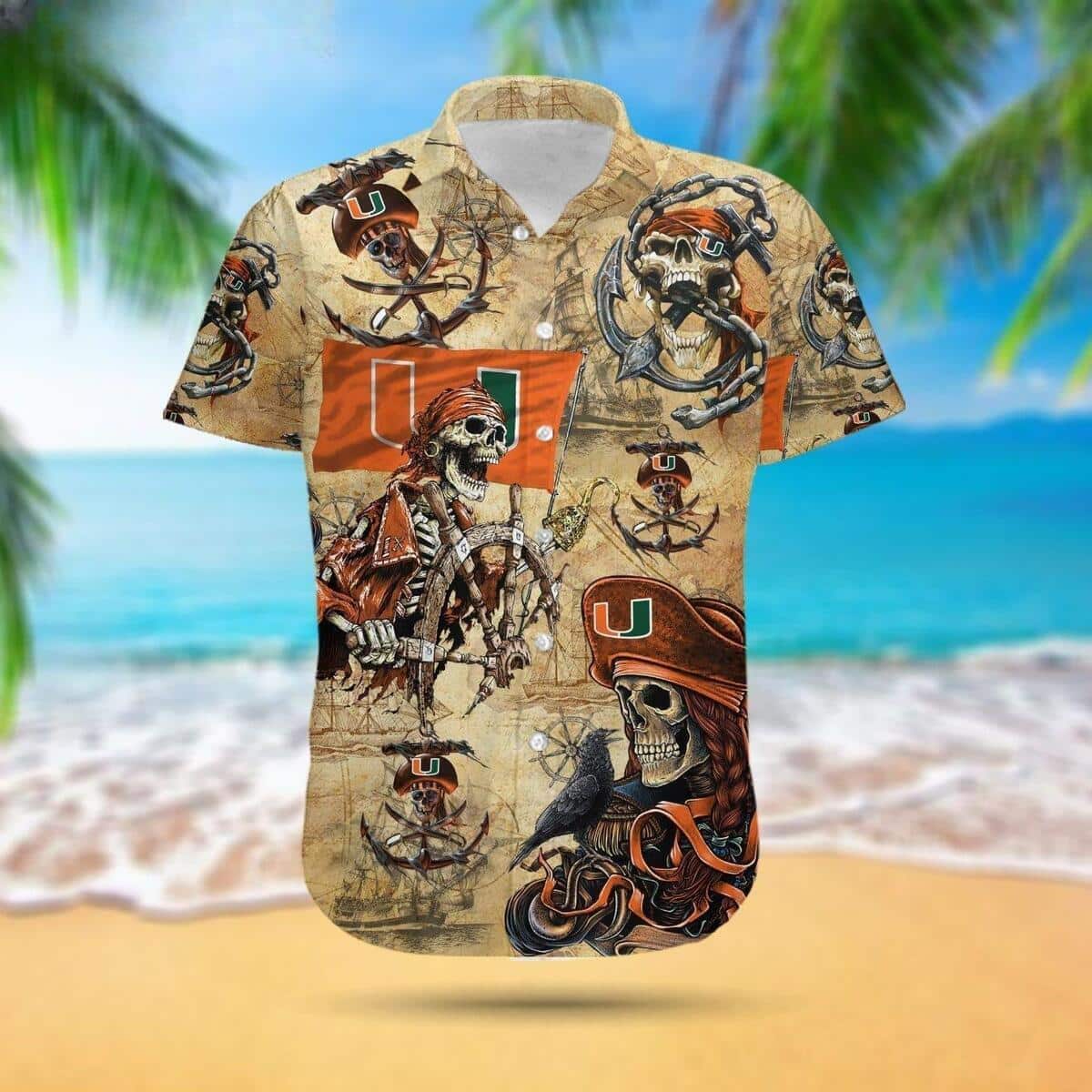 Miami Hurricanes Hawaiian Shirt Pirates Skull Gift For Football Players Miami Hurricanes Hawaiian Shirt Pirates Skull Gift For Football Players