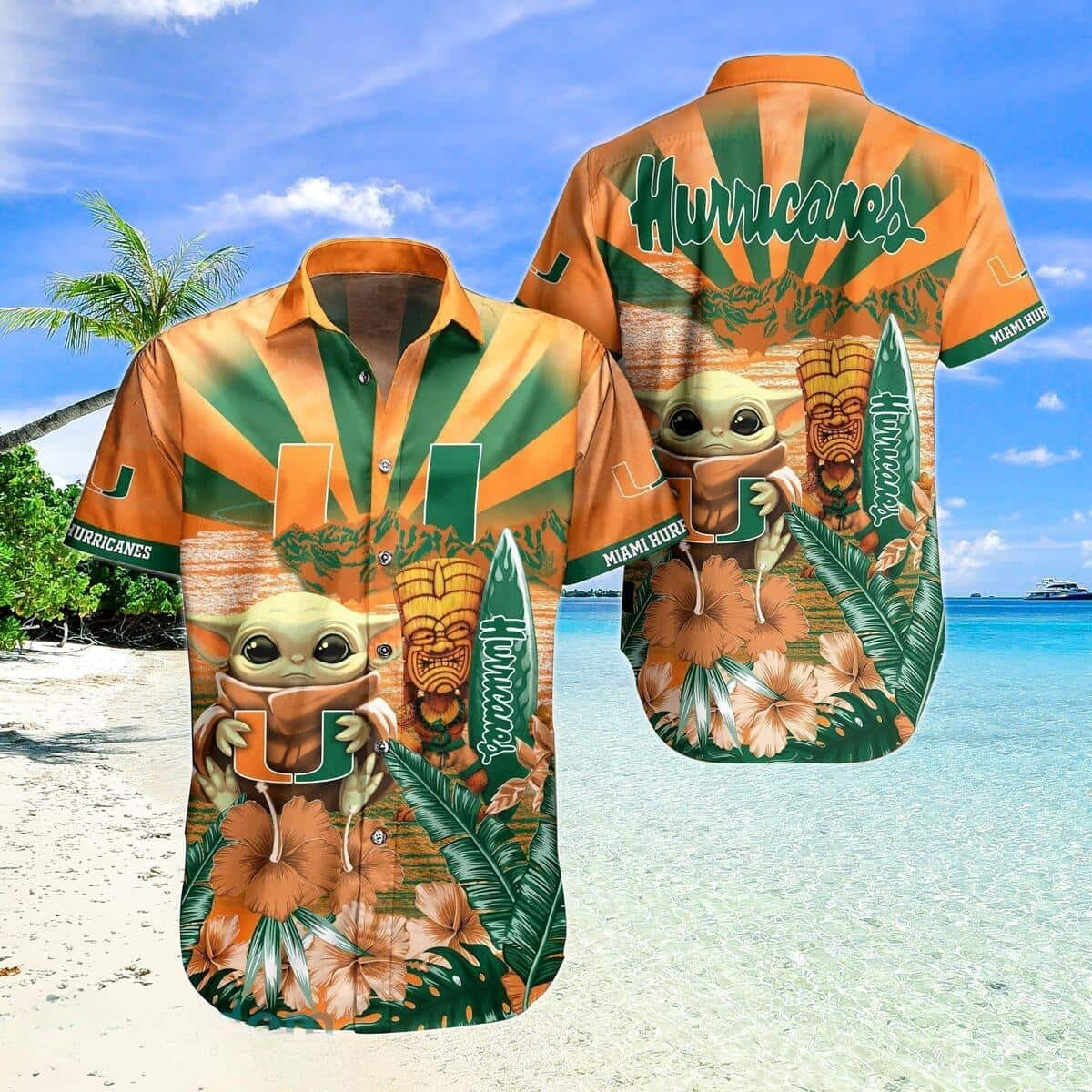 Baby Yoda Star Wars NCAA Miami Hurricanes Hawaiian Shirt Beach Gift For Dad