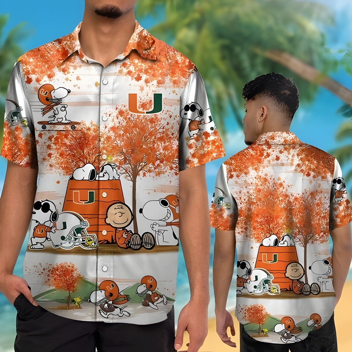Miami Hurricanes Hawaiian Shirt The Peanuts Snoopy Autumn Tree Miami Hurricanes Hawaiian Shirt The Peanuts Snoopy Autumn Tree