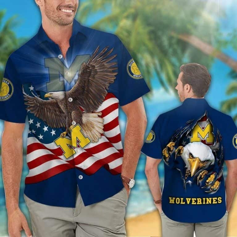 Michigan Wolverines Hawaiian Shirt US Flag Eagle Beach Vacation Gift Michigan Wolverines Hawaiian Shirt US Flag Eagle Beach Vacation Gift
