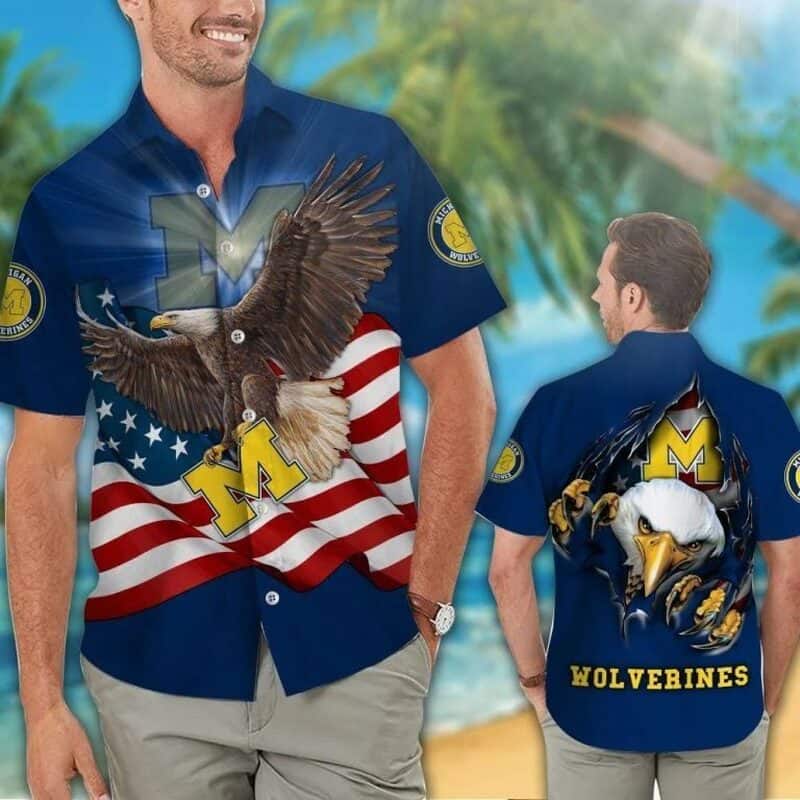Michigan Wolverines Hawaiian Shirt US Flag Eagle Beach Vacation Gift Michigan Wolverines Hawaiian Shirt US Flag Eagle Beach Vacation Gift