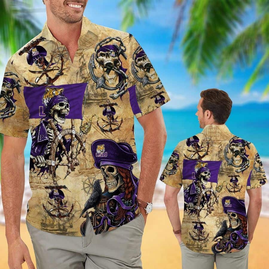 LSU Tigers Hawaiian Shirt Pirates Skull Beach Gift For Dad LSU Tigers Hawaiian Shirt Pirates Skull Beach Gift For Dad