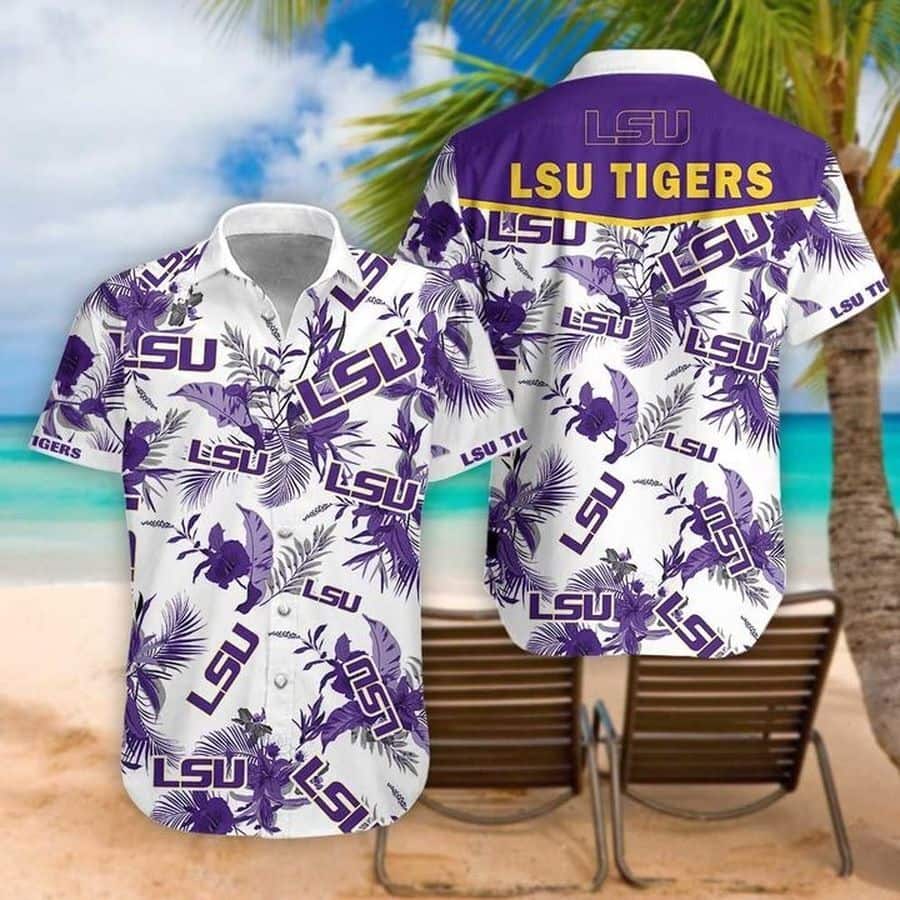 LSU Tigers Hawaiian Shirt Tropical Flower Pattern Beach Gift For Football Fans LSU Tigers Hawaiian Shirt Tropical Flower Pattern Beach Gift For Football Fans