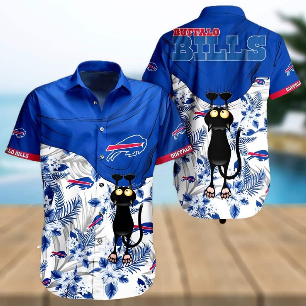 Buffalo Bills Hawaiian Shirt Tropical Flowers With Cat Gift For Beach Vacation Buffalo Bills Hawaiian Shirt Tropical Flowers With Cat Gift For Beach Vacation