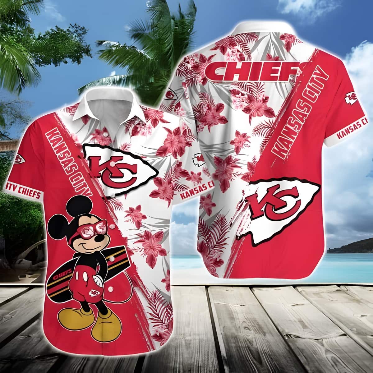 NFL Kansas City Chiefs Hawaiian Shirt Disney Mickey Mouse Tropical Flower Pattern NFL Kansas City Chiefs Hawaiian Shirt Disney Mickey Mouse Tropical Flower Pattern