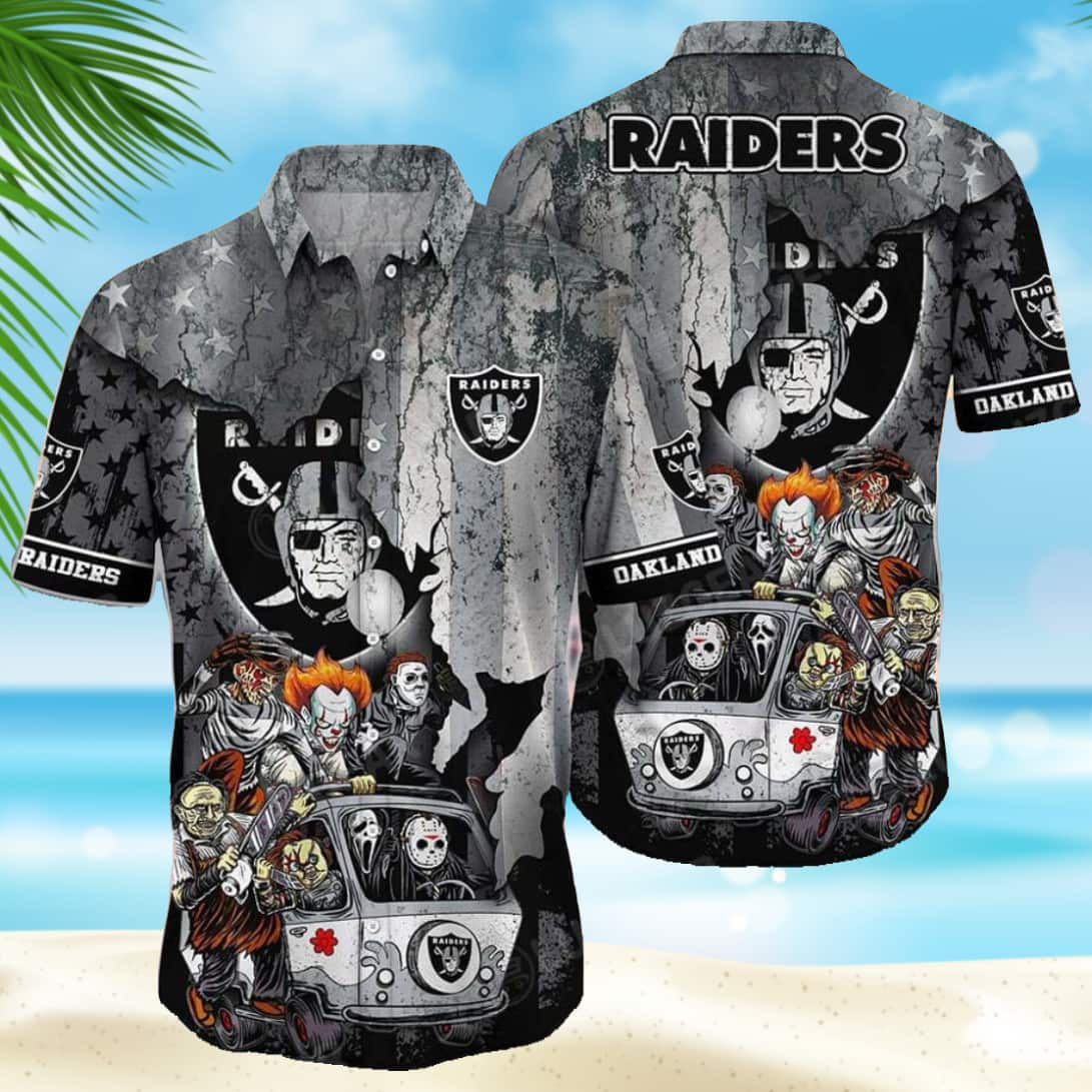 Halloween Characters With Las Vegas Raiders Hawaiian Shirt