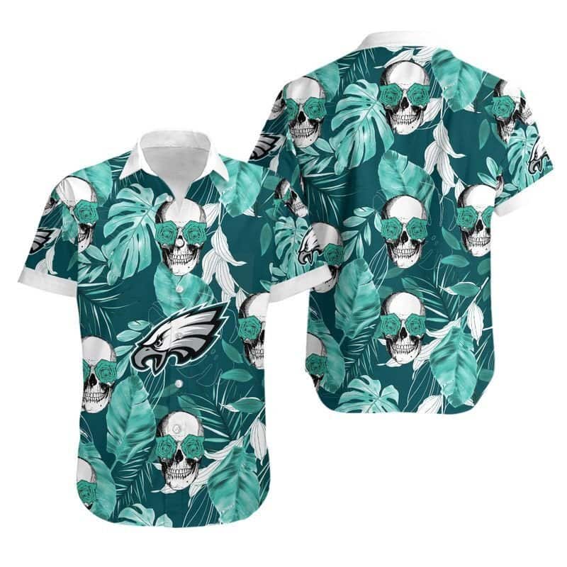 NFL Philadelphia Eagles Hawaiian Shirt Palm Leaves And Skulls NFL Philadelphia Eagles Hawaiian Shirt Palm Leaves And Skulls