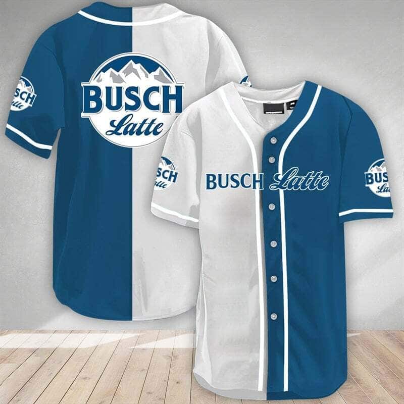 Busch Latte Baseball Jersey White And Blue Split Beer Lovers Gift Busch Latte Baseball Jersey White And Blue Split Beer Lovers Gift