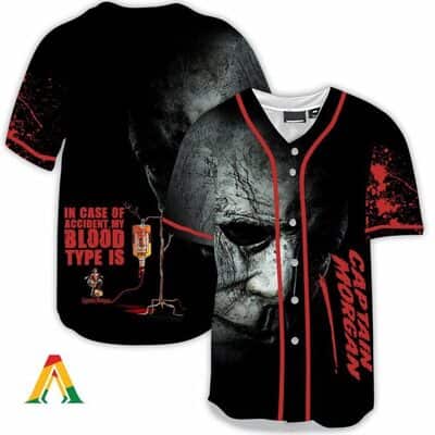 Michael Myers Face In Case Of Accident My Blood Type Is Captain Morgan Baseball Jersey Michael Myers Face In Case Of Accident My Blood Type Is Captain Morgan Baseball Jersey