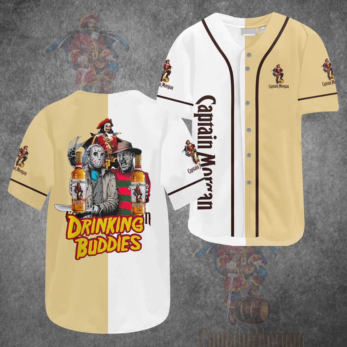 Freddy vs. Jason Drinking Buddies Captain Morgan Baseball Jersey Freddy vs. Jason Drinking Buddies Captain Morgan Baseball Jersey