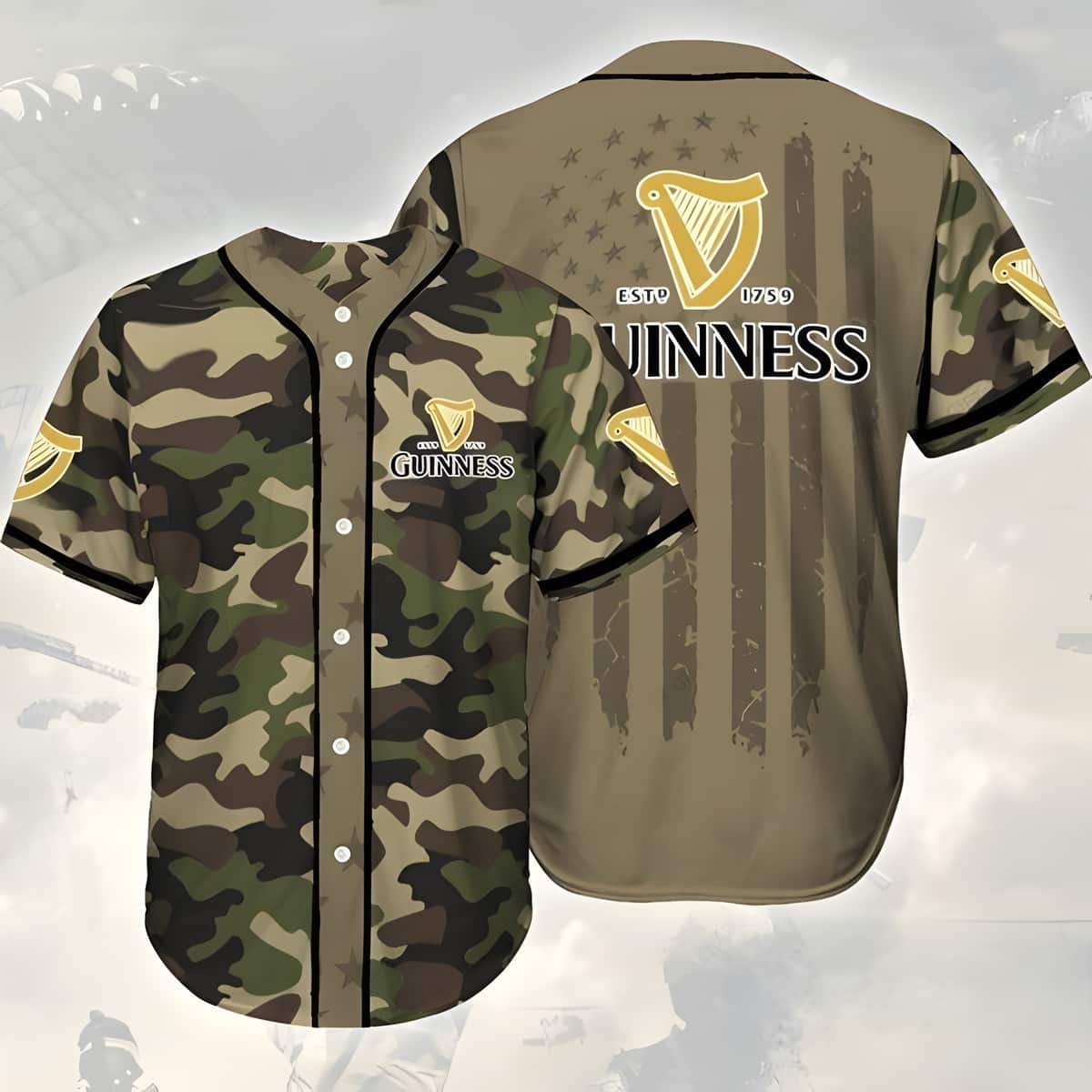 Guinness Beer Baseball Jersey Green And Brown Camouflage Pattern Guinness Beer Baseball Jersey Green And Brown Camouflage Pattern