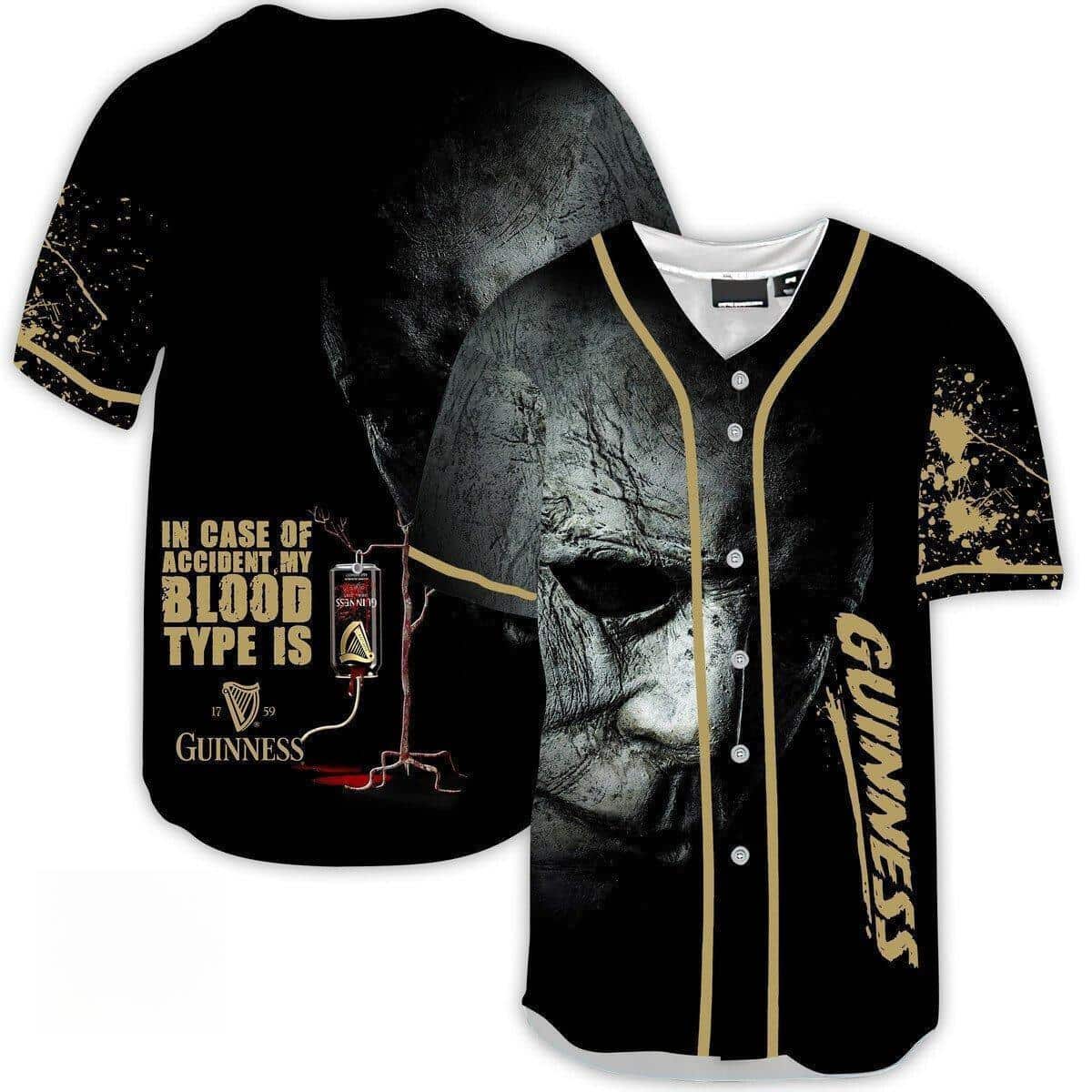 Michael Myers Face In Case Of Accident My Blood Type Is Guinness Beer Baseball Jersey Michael Myers Face In Case Of Accident My Blood Type Is Guinness Beer Baseball Jersey