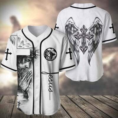 White Jesus Baseball Jersey Christian Cross Angel Wings Pattern