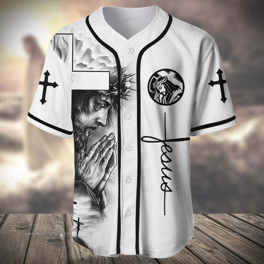 White Jesus Baseball Jersey Christian Cross Angel Wings Pattern White Jesus Baseball Jersey Christian Cross Angel Wings Pattern