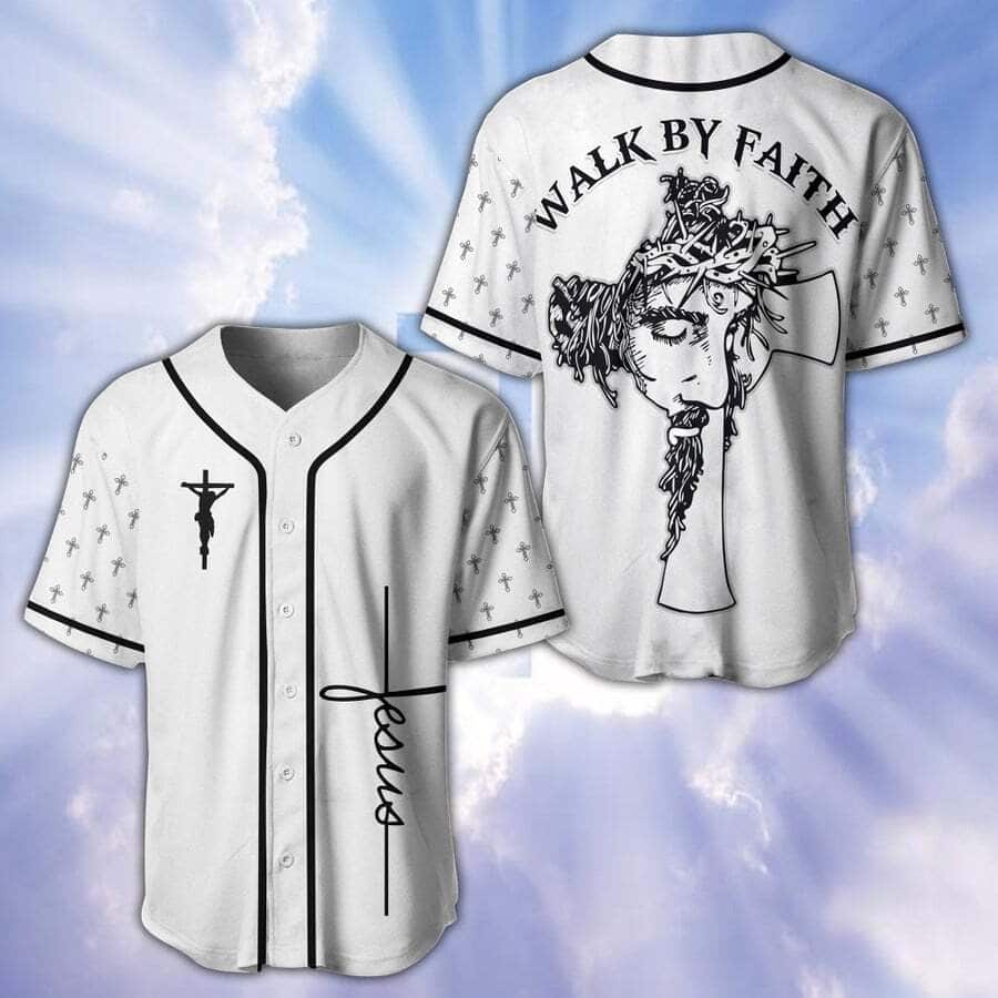 White Jesus Baseball Jersey Walk By Faith Christian Gift For Men White Jesus Baseball Jersey Walk By Faith Christian Gift For Men