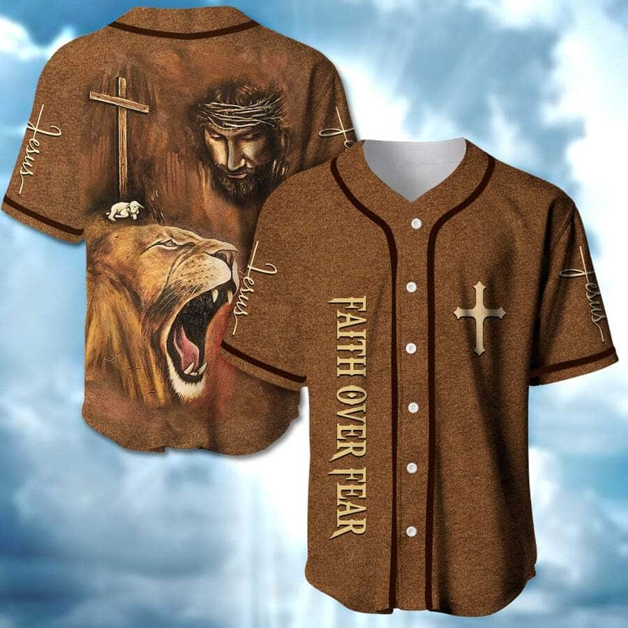 Jesus And Lion Baseball Jersey Faith Over Fear Jesus And Lion Baseball Jersey Faith Over Fear