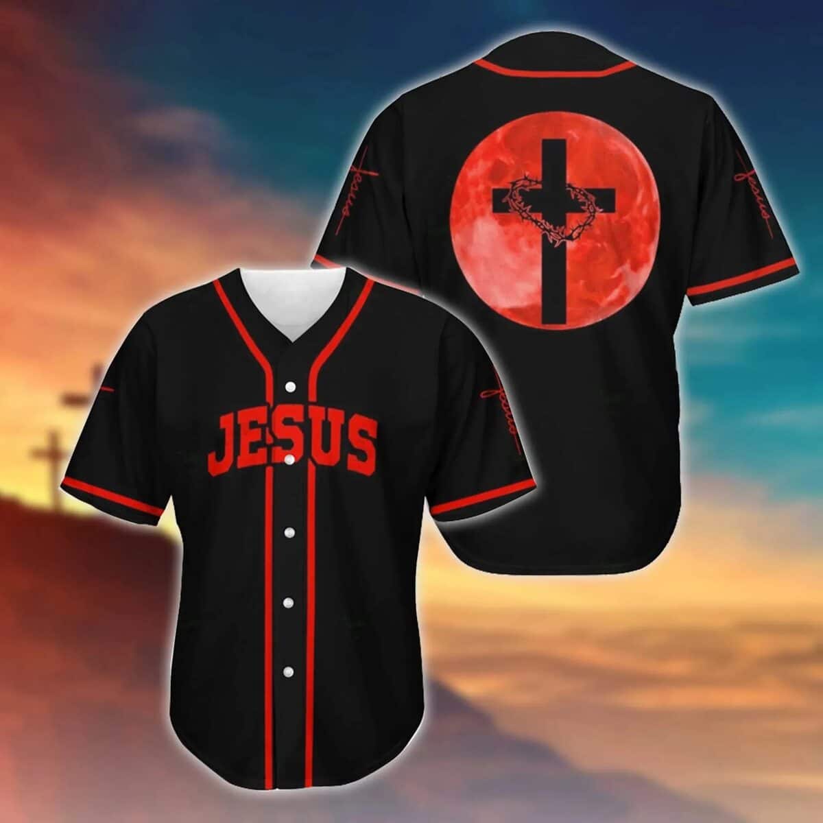 Black Jesus Baseball Jersey Christian Cross In A Red Moon