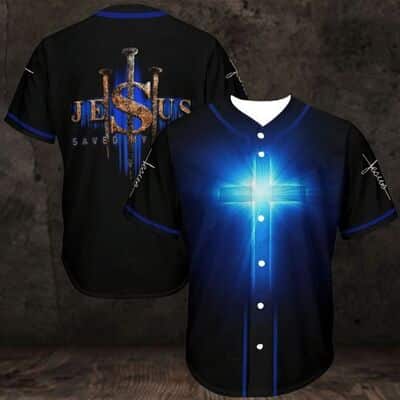 Jesus Saved My Life Baseball Jersey Blue Cross
