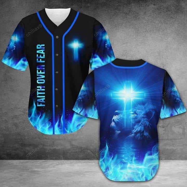 Jesus Baseball Jersey Faith Over Fear Lion Blue Light Jesus Baseball Jersey Faith Over Fear Lion Blue Light