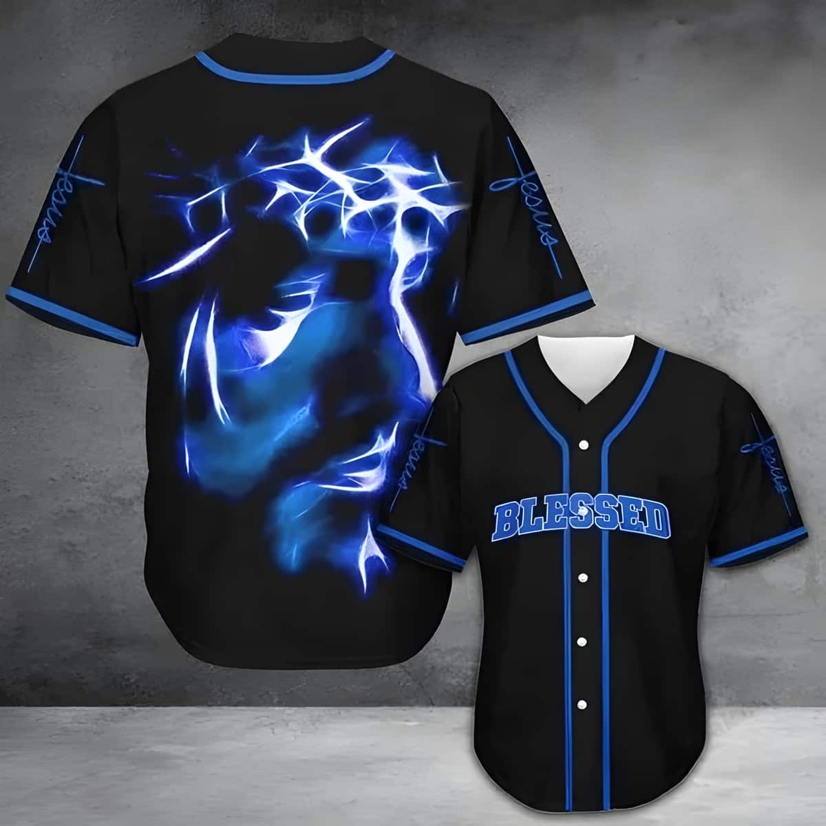 Jesus Baseball Jersey Blessed Blue Light Christian Gift For Dad Jesus Baseball Jersey Blessed Blue Light Christian Gift For Dad