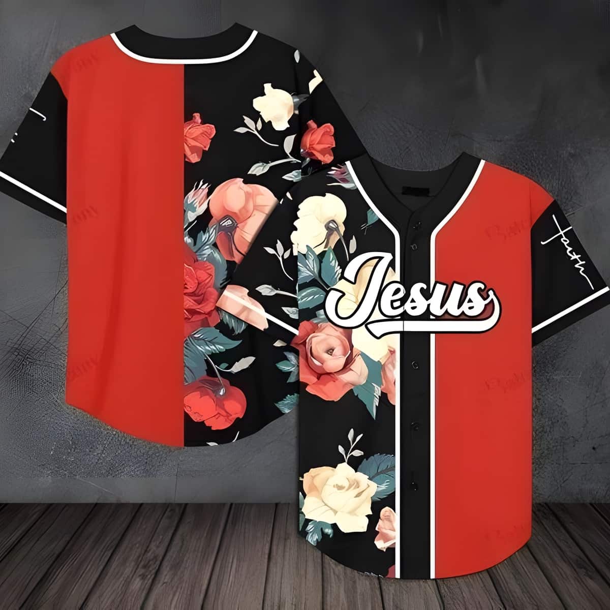 Jesus Baseball Jersey Rose Pattern Blend Red Color Jesus Baseball Jersey Rose Pattern Blend Red Color