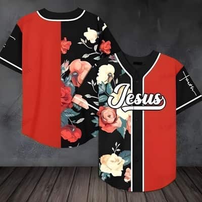 Jesus Baseball Jersey Rose Pattern Blend Red Color