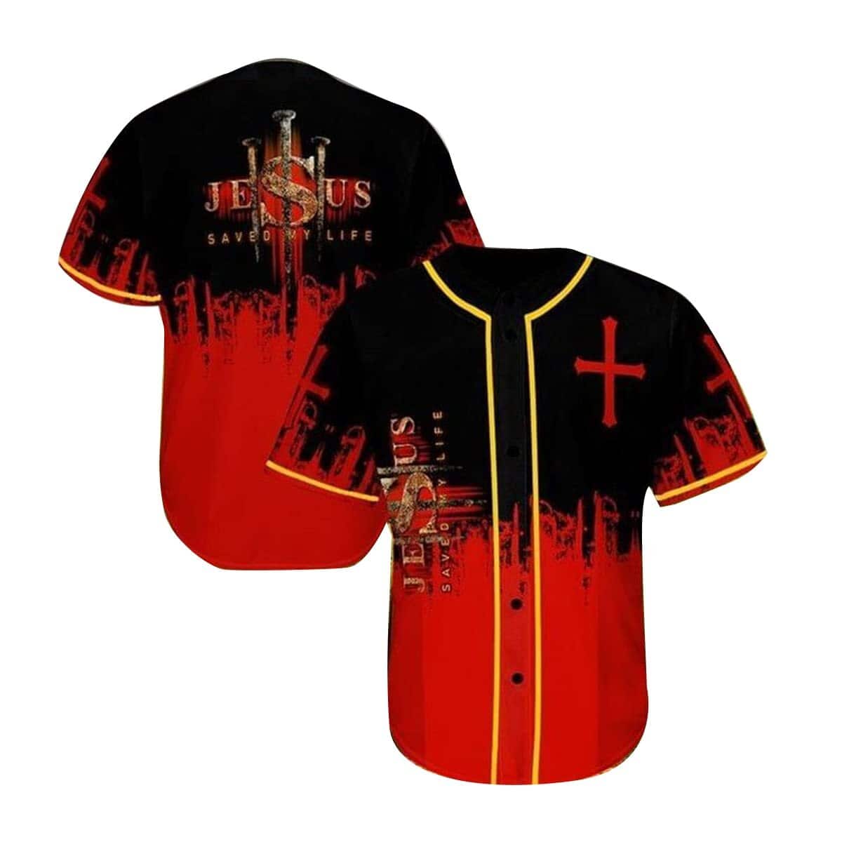 Jesus Saved My Life On The Fire Pattern Baseball Jersey Christian Gift For Men
