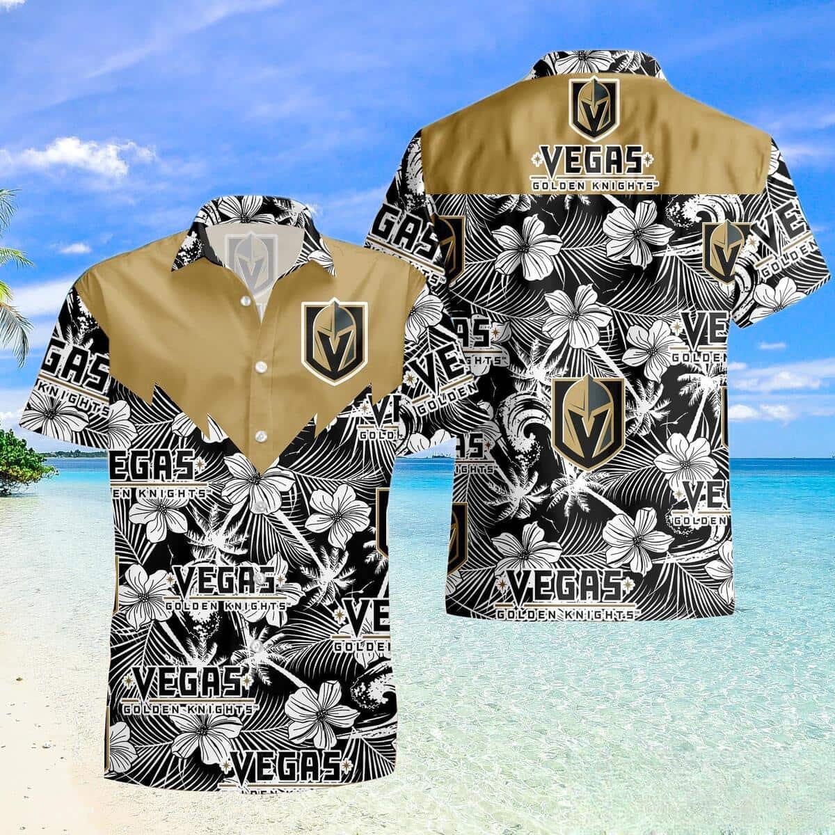 NHL Vegas Golden Knights Hawaiian Shirt Tropical Flower Pattern NHL Vegas Golden Knights Hawaiian Shirt Tropical Flower Pattern