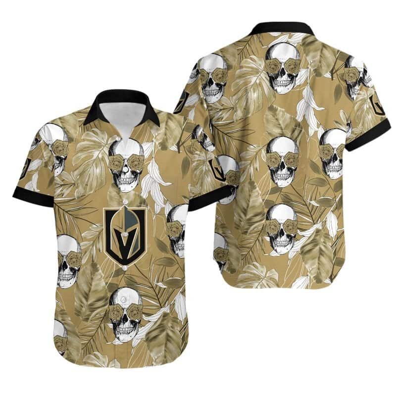 Aloha NHL Vegas Golden Knights Hawaiian Shirt Skull Rose And Tropical Palm Leaves Aloha NHL Vegas Golden Knights Hawaiian Shirt Skull Rose And Tropical Palm Leaves