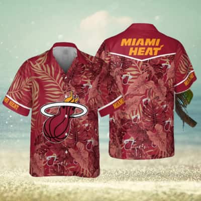 NBA Miami Heat Hawaiian Shirt Palm Leaves On Red Background NBA Miami Heat Hawaiian Shirt Palm Leaves On Red Background