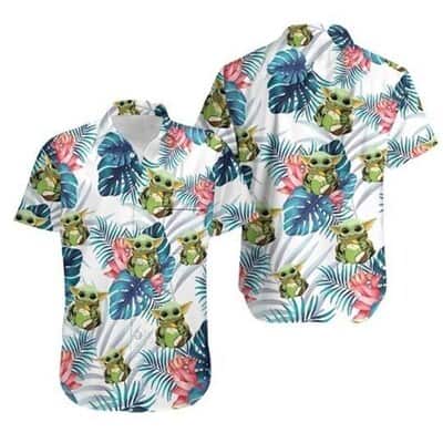 White Aloha Baby Yoda Star Wars Hawaiian Shirt Palm Leaves Pattern