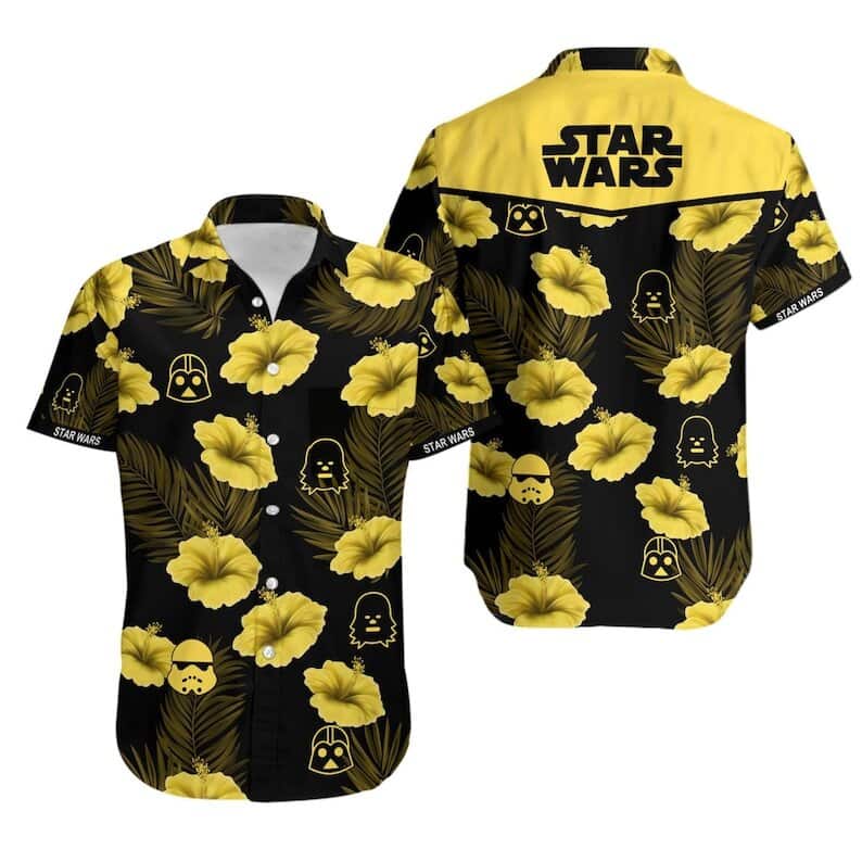 Black Aloha Star Wars Stormtrooper Darth Vader Hawaiian Shirt Yellow Hibiscus Flower