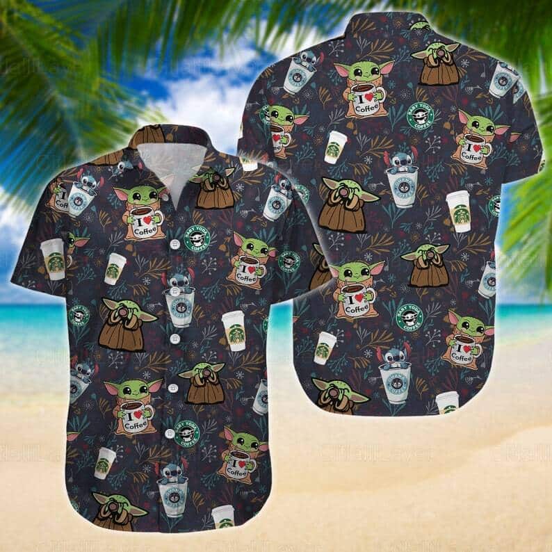 Stitch And Baby Yoda Star Wars Drinking Coffee Hawaiian Shirt Stitch And Baby Yoda Star Wars Drinking Coffee Hawaiian Shirt