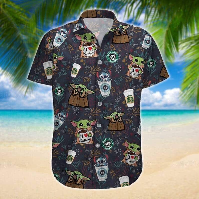 Stitch And Baby Yoda Star Wars Drinking Coffee Hawaiian Shirt Stitch And Baby Yoda Star Wars Drinking Coffee Hawaiian Shirt