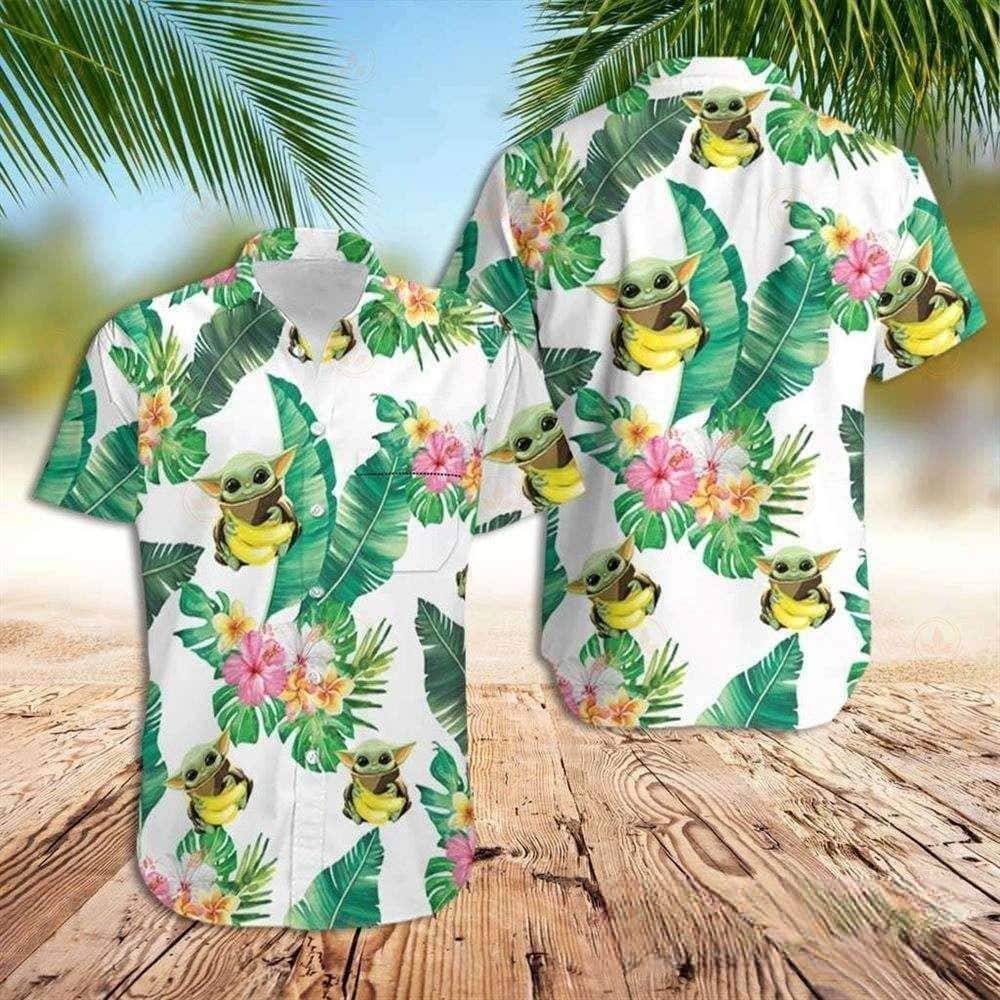 White Aloha Star Wars Baby Yoda Hugging Bananas Tropical Leaves Hawaiian Shirt White Aloha Star Wars Baby Yoda Hugging Bananas Tropical Leaves Hawaiian Shirt