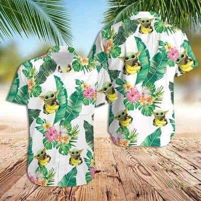 White Aloha Star Wars Baby Yoda Hugging Bananas Tropical Leaves Hawaiian Shirt