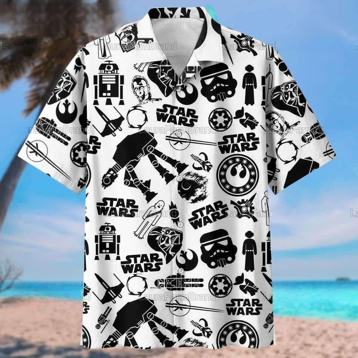 White Aloha Star Wars Hawaiian Shirt Black Pattern Summer Beach Gift
